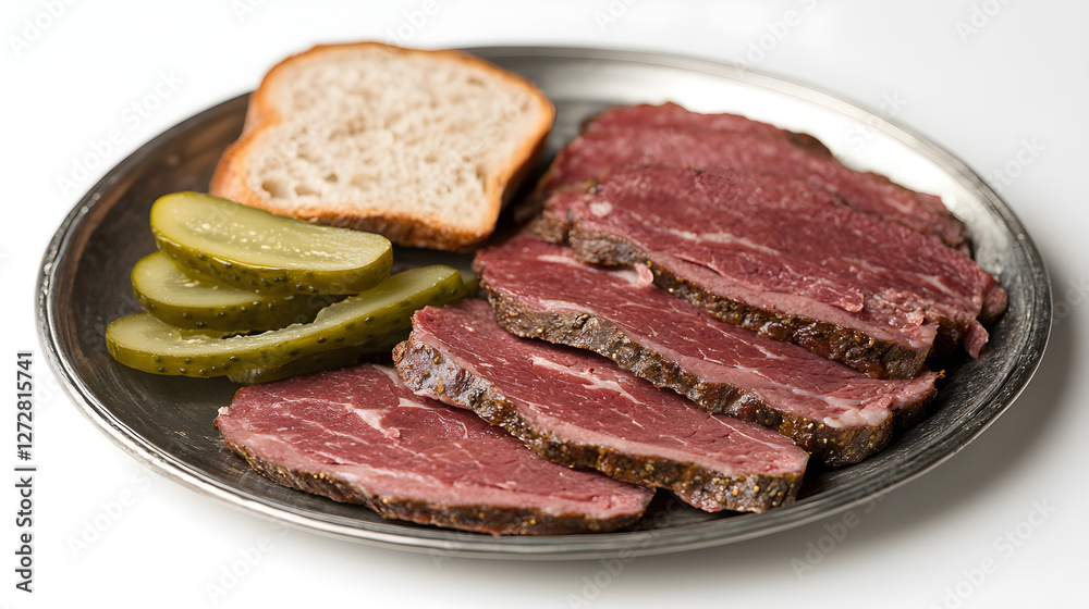 Thin slices of pastrami on a metal plate with pickles and a side of rye bread Thin slices of pastrami on a metal plate with pickles and a side of rye bread