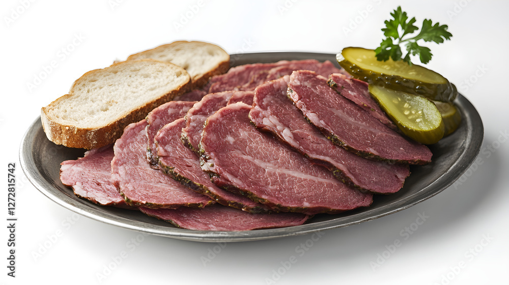 Thin slices of pastrami on a metal plate with pickles and a side of rye bread Thin slices of pastrami on a metal plate with pickles and a side of rye bread
