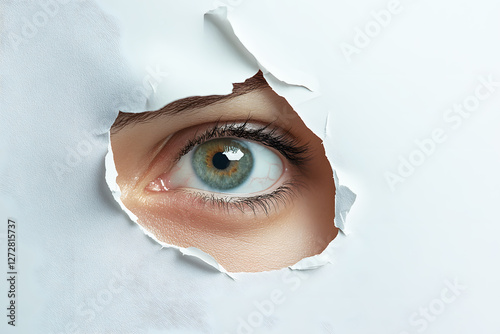 Eye spy peeking through hole in cardboard white paper. Detective or spying concept. Looking through torn paper hole. Peeking from behind the torn hole cardboard paper.