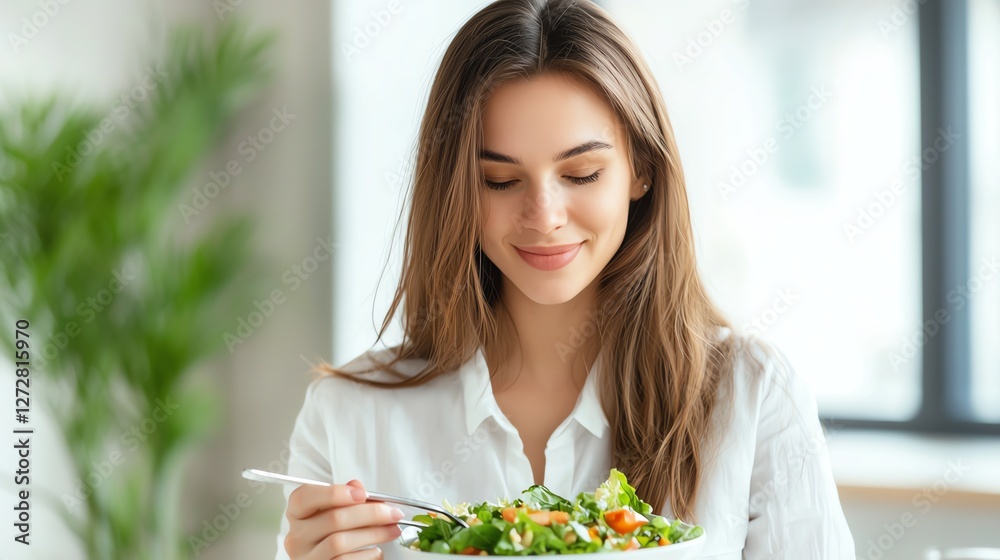 A young woman enjoys a healthy salad, smiling as she appreciates the freshness and flavors of her meal in a bright environment. A young woman enjoys a healthy salad, smiling as she appreciates the freshness and flavors of her meal in a bright environment.