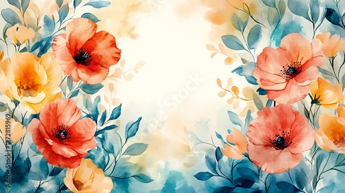 Vibrant yet soft watercolor flowers in shades of coral, turquoise, and soft yellow, with delicate leaves, framing the top and bottom edges, blank space in the middle with a subtle gradient,