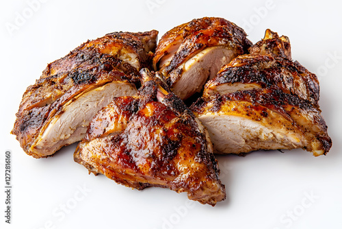 Juicy yellow-brown Turkey grilled or baked meat fillet crispy skin on white background. Food family gatherings, holiday feasts, and gourmet dinners. Perfectly cooked, juicy, and flavorful.