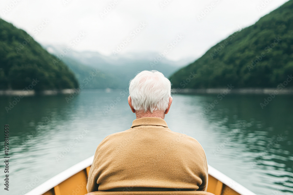 Fototapeta premium Elderly man rowing on lake serene nature scene peaceful environment close-up