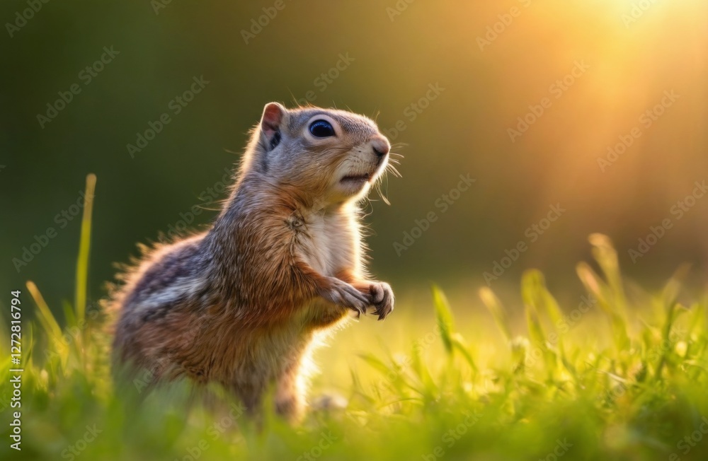 Adorable ground squirrel posing in grassy field with blurred natural background and sunlit fur, low angle shot. Adorable ground squirrel posing in grassy field with blurred natural background and sunlit fur, low angle shot.