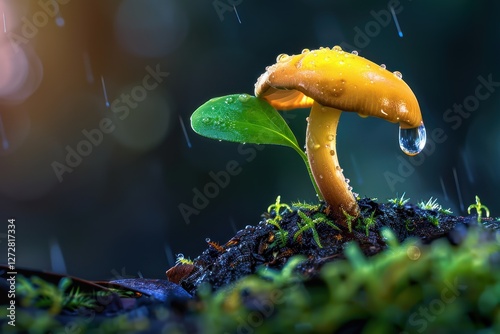 Biodiverse Ecosystem with Glistening Water Droplets, Rising Humidity, and Sunlight Energizing Growth in Harmony