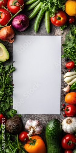 Fresh vibrant vegetables frame blank paper recipe mockup photo