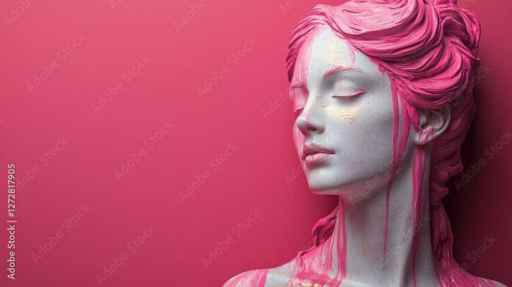 Obraz premium Pink Painted Female Sculpture Crackled Texture Art Deco Style Abstract Head Elegant Pose