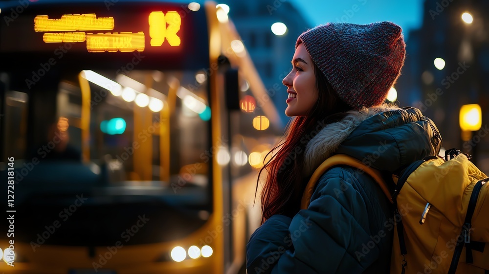 Young woman waiting for a bus at night, wearing a warm hat and backpack, surrounded by city lights, reflecting a peaceful moment. Young woman waiting for a bus at night, wearing a warm hat and backpack, surrounded by city lights, reflecting a peaceful moment.