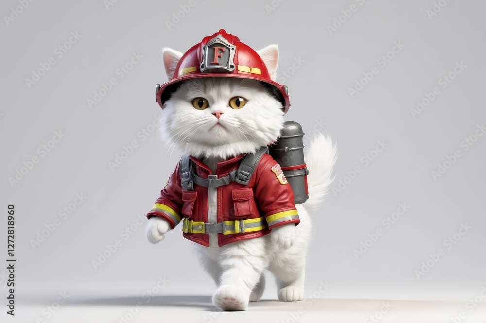 Cute white kitten dressed as firefighter walking. Cute white kitten dressed as firefighter walking.