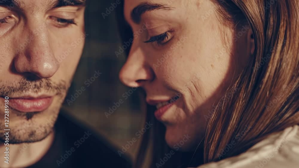 Close-up video shot of a couple embracing, capturing intimate emotions and warmth. The angle highlights their faces, conveying tenderness and connection. Close-up video shot of a couple embracing, capturing intimate emotions and warmth. The angle highlights their faces, conveying tenderness and connection.