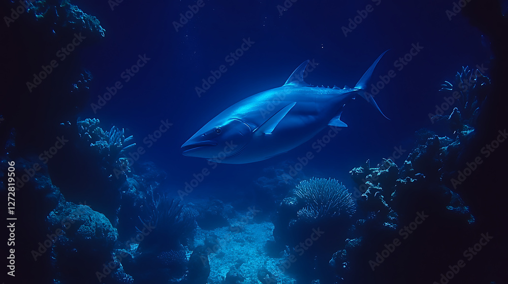 Fototapeta premium Graceful Tuna Swimming Through Underwater Coral Reef Ecosystem in Deep Blue Ocean Water Scene.