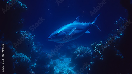 Graceful Tuna Swimming Through Underwater Coral Reef Ecosystem in Deep Blue Ocean Water Scene.