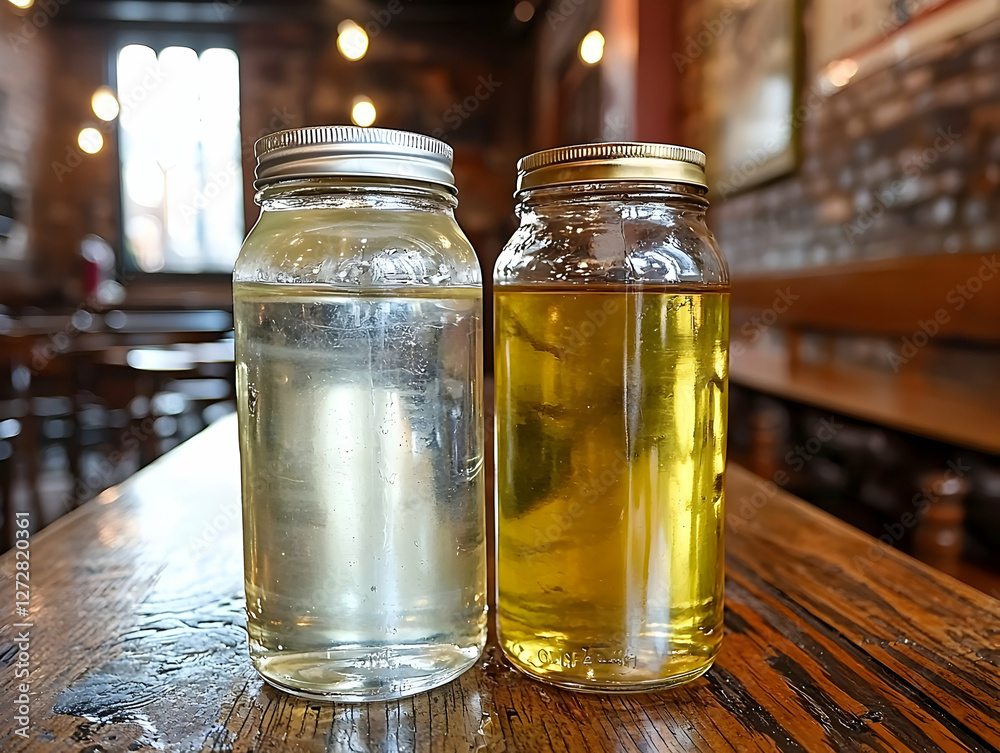 Two jars of liquid on a wooden table in a restaurant Two jars of liquid on a wooden table in a restaurant