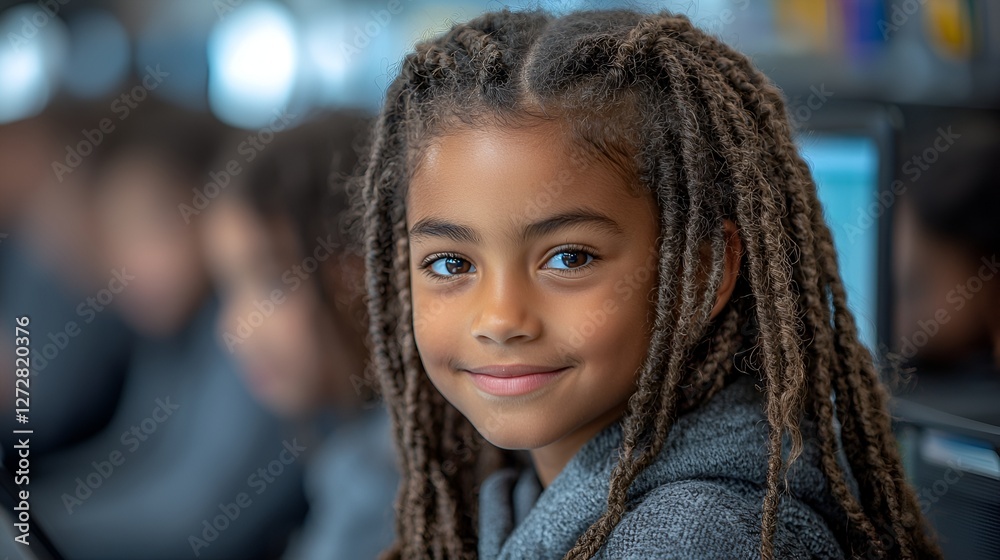 Girl with dreadlocks smiling in a classroom Girl with dreadlocks smiling in a classroom