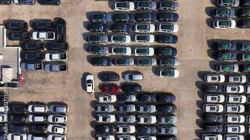 Brand New Cars Parked In A Large Parking Lot, Aerial View