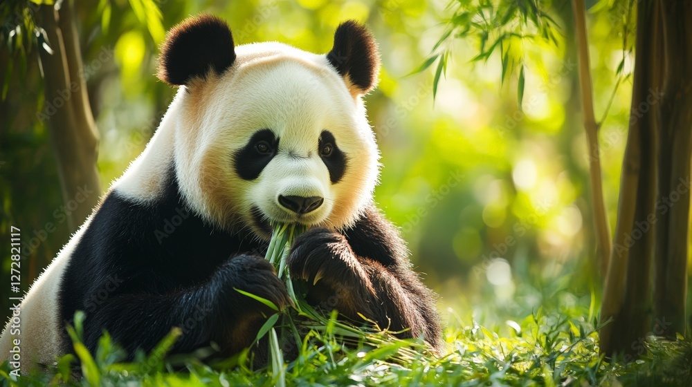 Fototapeta premium Giant panda eating bamboo in a lush green forest