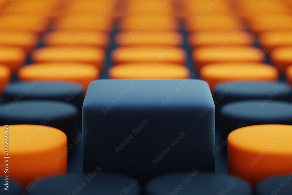 Fototapeta premium Dark cube uniquely stands out among vibrant orange and dark cylindrical shapes. AI Generated