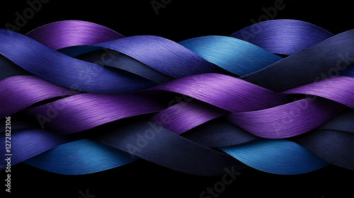 Interwoven Blue and Purple Satin Ribbons in a Wavy Pattern Design Against a Black Background.