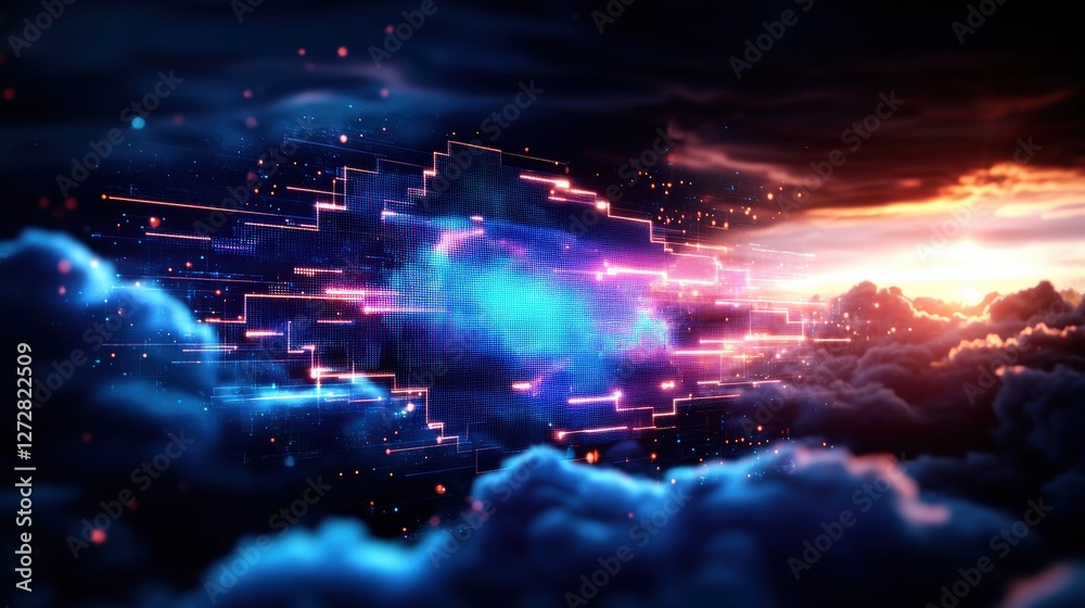 Fototapeta premium Futuristic cityscape in clouds with abstract blue mint and pink background in high fidelity digital art