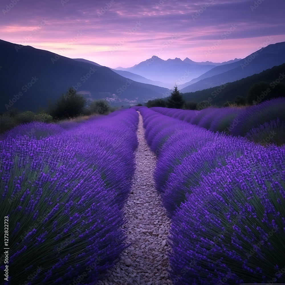 Obraz premium Lavender Field Path Under Twilight Sky Serene Mountain Backdrop Purple Hues Landscape Beauty.