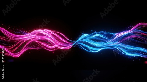 Abstract futuristic background with two colorful glowing lines on a black backdrop