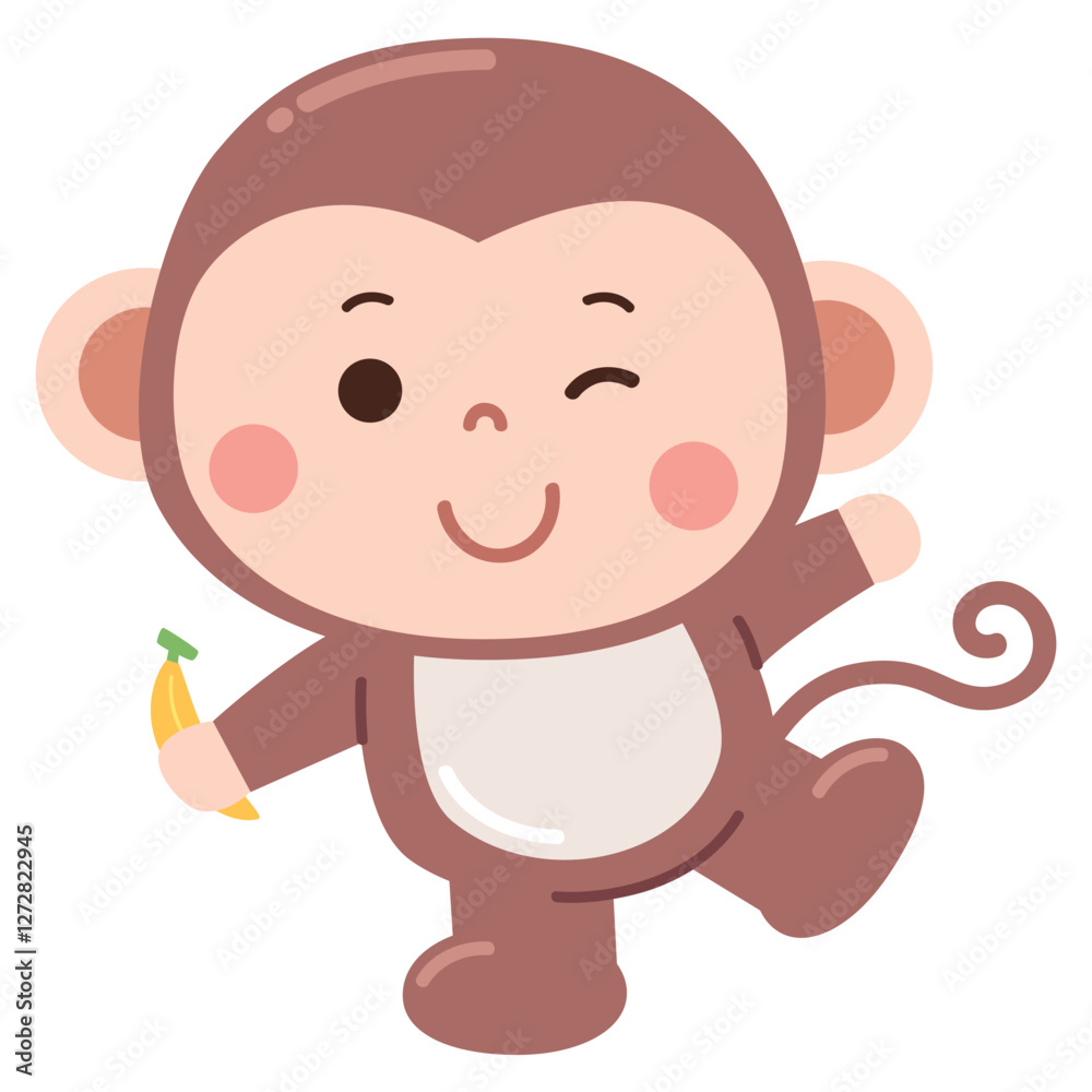 Charming cartoon illustration of a baby dressed in an adorable monkey costume, featuring a curly tail, round ears, and a playful expression while holding a tiny banana. Charming cartoon illustration of a baby dressed in an adorable monkey costume, featuring a curly tail, round ears, and a playful expression while holding a tiny banana.