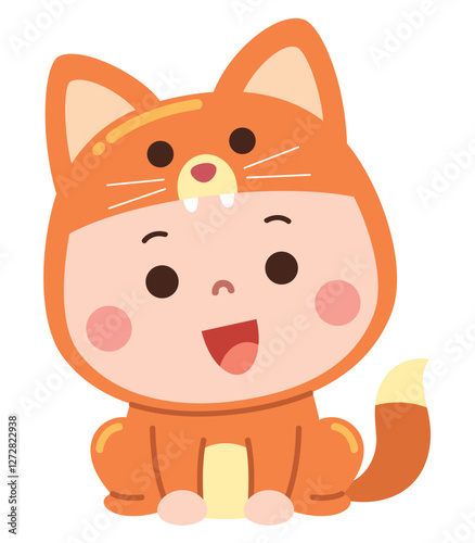 Adorable cartoon illustration of a baby dressed in a charming fox costume, complete with pointy ears, a fluffy tail, and a cheerful expression