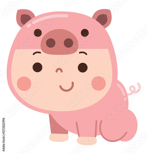 Adorable cartoon illustration of a baby dressed in a pink pig costume, featuring a round snout, tiny ears, and a curly tail.