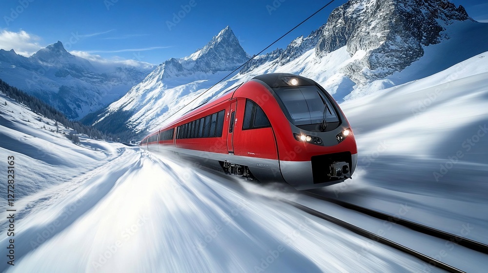 High-speed train speeding through snowy mountain pass. High-speed train speeding through snowy mountain pass.