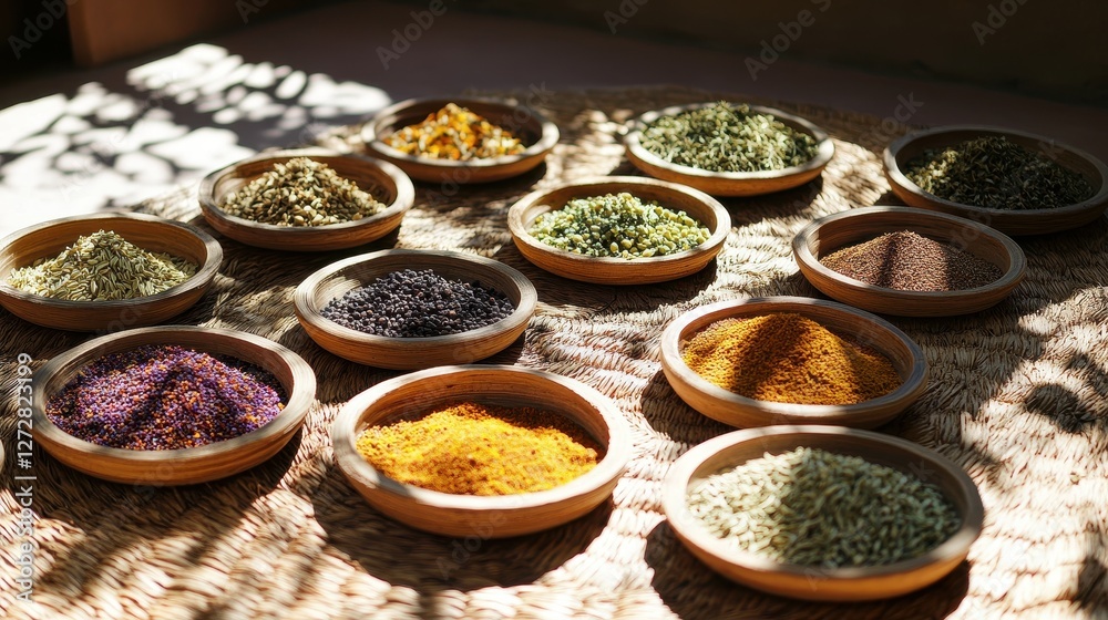 Diverse Collection of Natural Spices and Herbs on Rustic Table Diverse Collection of Natural Spices and Herbs on Rustic Table