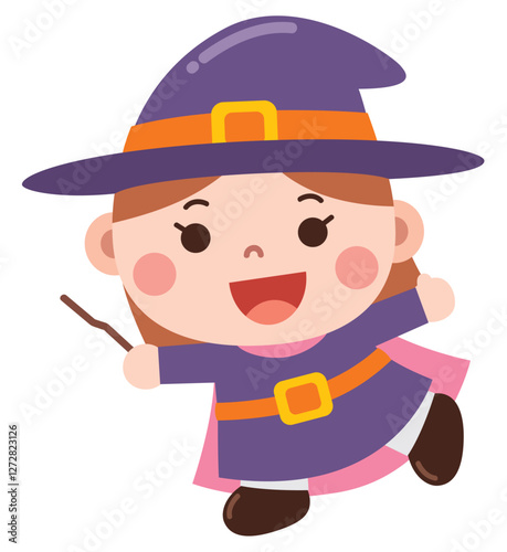 A delightful cartoon illustration of a cheerful little witch dressed in a purple hat and matching outfit, holding a magic wand.