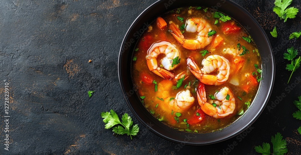 Spicy Shrimp Soup, overhead view, dark background, food blog Spicy Shrimp Soup, overhead view, dark background, food blog