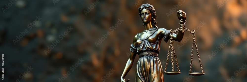 Fototapeta premium Bronze lady justice raises scales against a dark bokeh background. Concept of attorney advertising, legal education slides, law firm websites, legal blog articles, and court news headers.