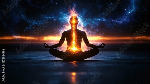 Person meditating in dark room with bright light and astral body silhouette in lotus pose practicing yoga