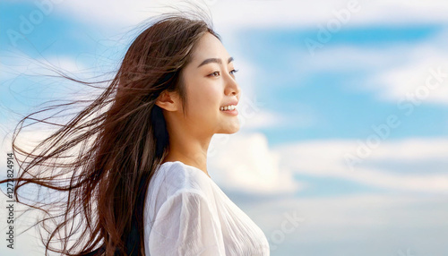 風に髪をたなびかせている髪の長い若い女性。青空の背景。