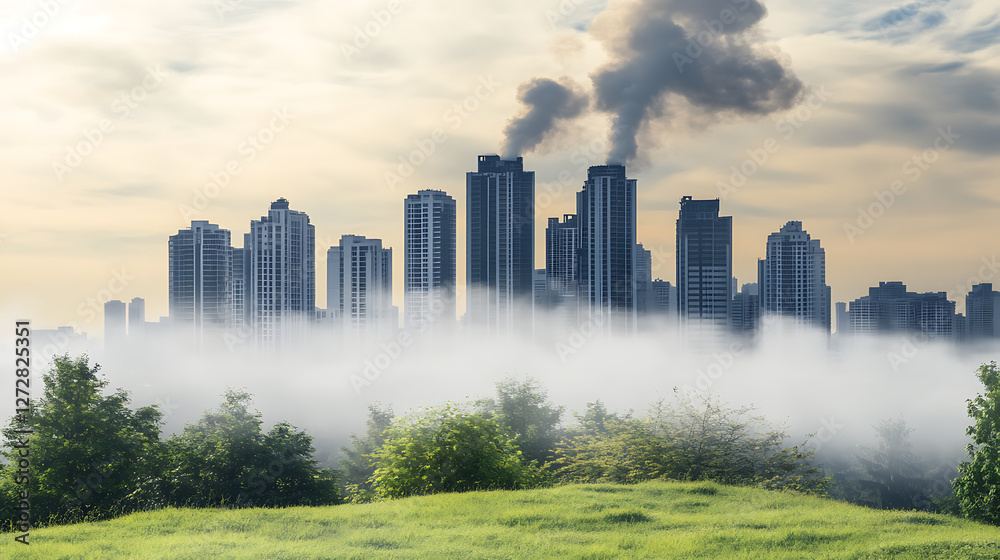 Metropolis Rising Above Mist Urban Landscape Featuring Pollution Emanating From City Buildings. Metropolis Rising Above Mist Urban Landscape Featuring Pollution Emanating From City Buildings.