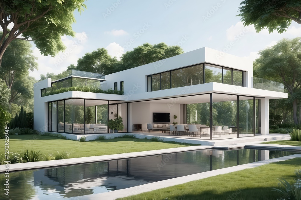 Modern white house with pool and lush greenery. Modern white house with pool and lush greenery.