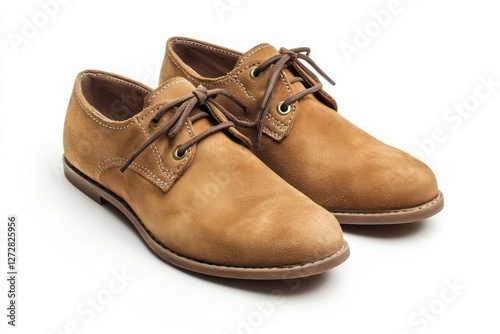 Pair of comfortable suede shoes on white background