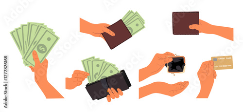 Hands holding money set. Arms with banknotes, wallet, dollar bills, paying, counting, giving currency. Finance icons. Flat vector illustration isolated on transparent background.