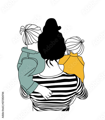 Young mother holding two baby girls back view. Motherhood concept. Happy Mothers day greeting card template. Modern illustration in asian linear cartoon style. Vector isolated