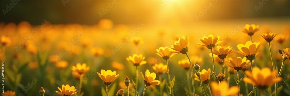 Gentle yellow hues cast long shadows across fields of blooms, flowers, peaceful scene Gentle yellow hues cast long shadows across fields of blooms, flowers, peaceful scene