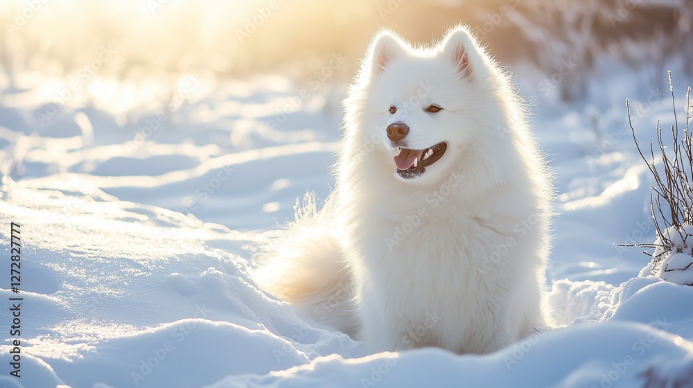 Fluffy Samoyed Dog Smiling in Snowy Landscape at Sunrise Fluffy Samoyed Dog Smiling in Snowy Landscape at Sunrise