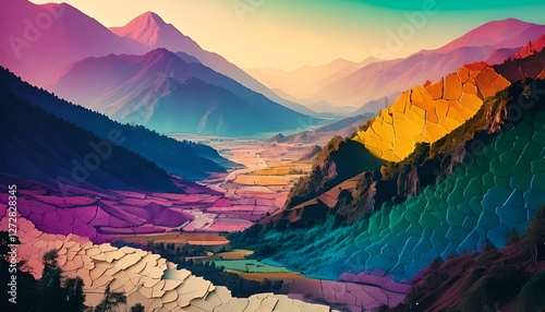 Colorful Mountain Panorama: A breathtaking mountain range unfolds with a vibrant palette of colors, the scene filled with a sense of awe and grandeur. photo