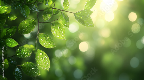 Lush green leaves with water droplets, soft bokeh, natural light, dreamy forest