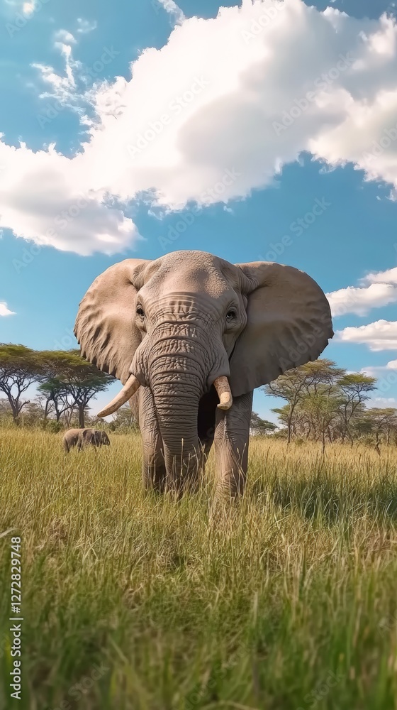 Fototapeta premium Majestic elephant wandering in the african savanna under blue sky
