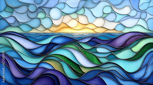 Serene ocean sunrise abstract art vibrant blue green hues. AI Generated