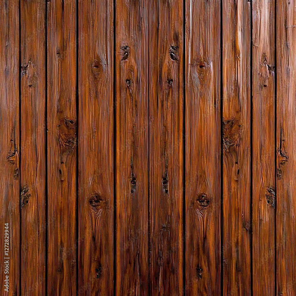 Naklejka premium Polished Brown Wooden Planks Rich Texture Rustic Wall Paneling with Knots Grain and Varnished Finish.