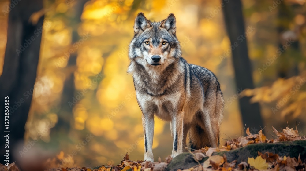 Obraz premium Majestic gray wolf in autumn forest with golden leaves