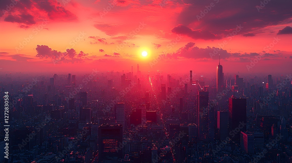 Fototapeta premium Futuristic city sunset aerial view