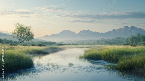 Serene Landscape of Mountains and River at Sunrise in Nature